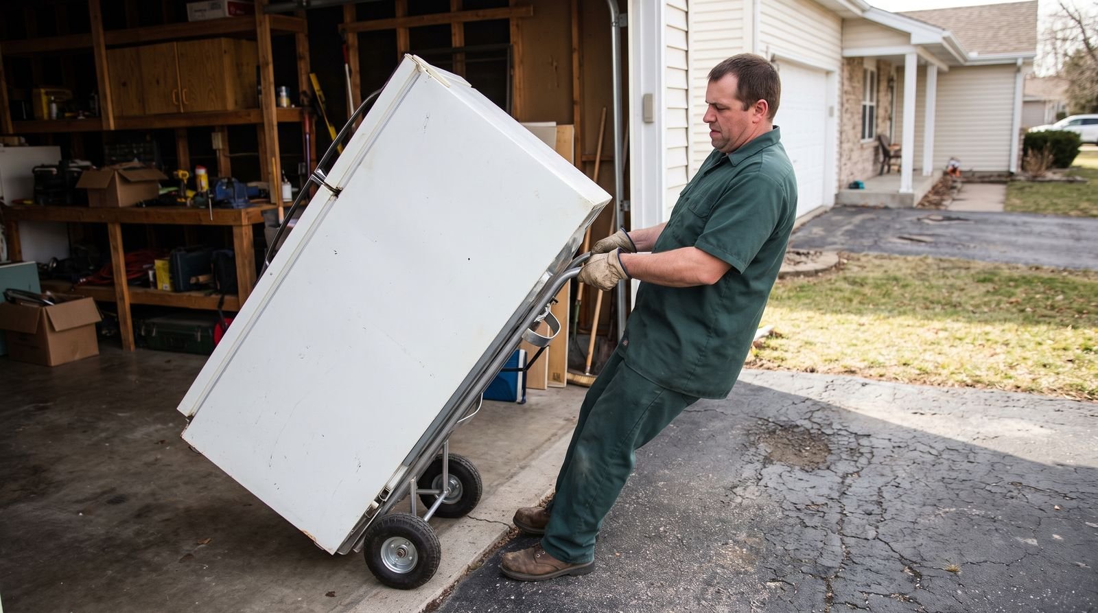 Worker wheeling an old refrigerator out of a garage on an appliance dolly