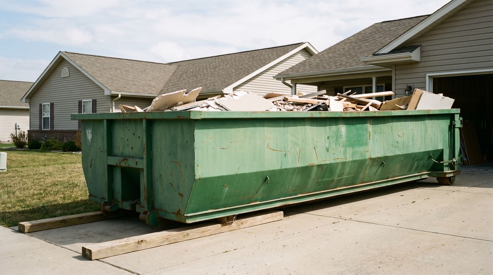 A roll off dumpster on a residential driveway