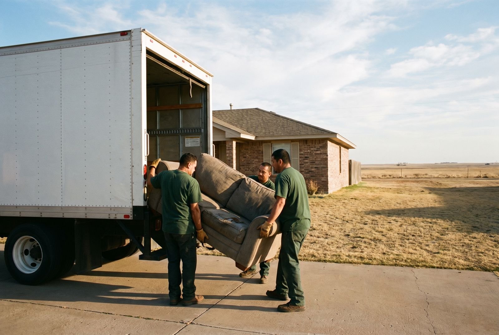 Two crew members loading an old sofa into a box truck on an Amarillo driveway