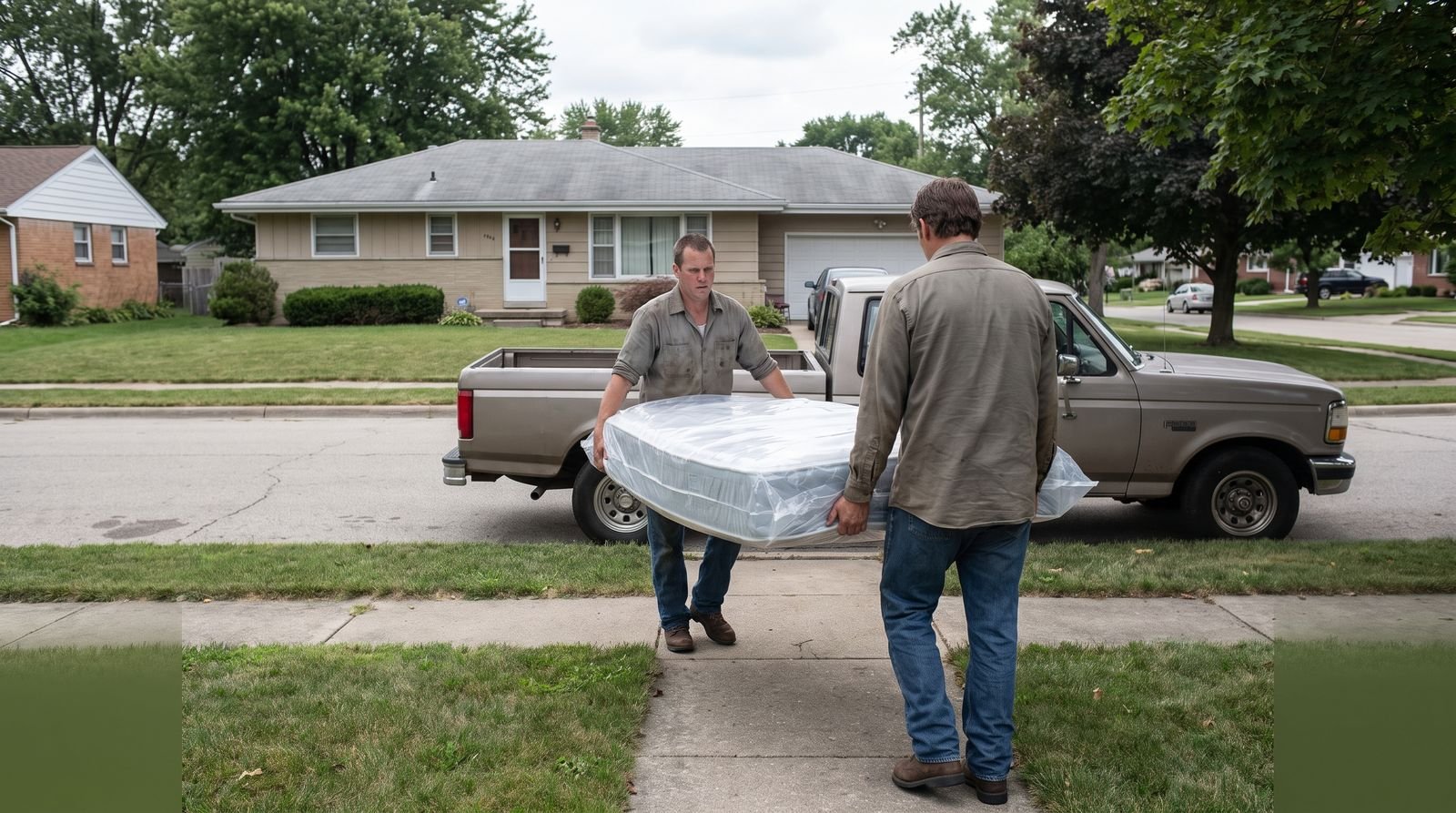 Two workers carrying a plastic wrapped mattress out to the truck