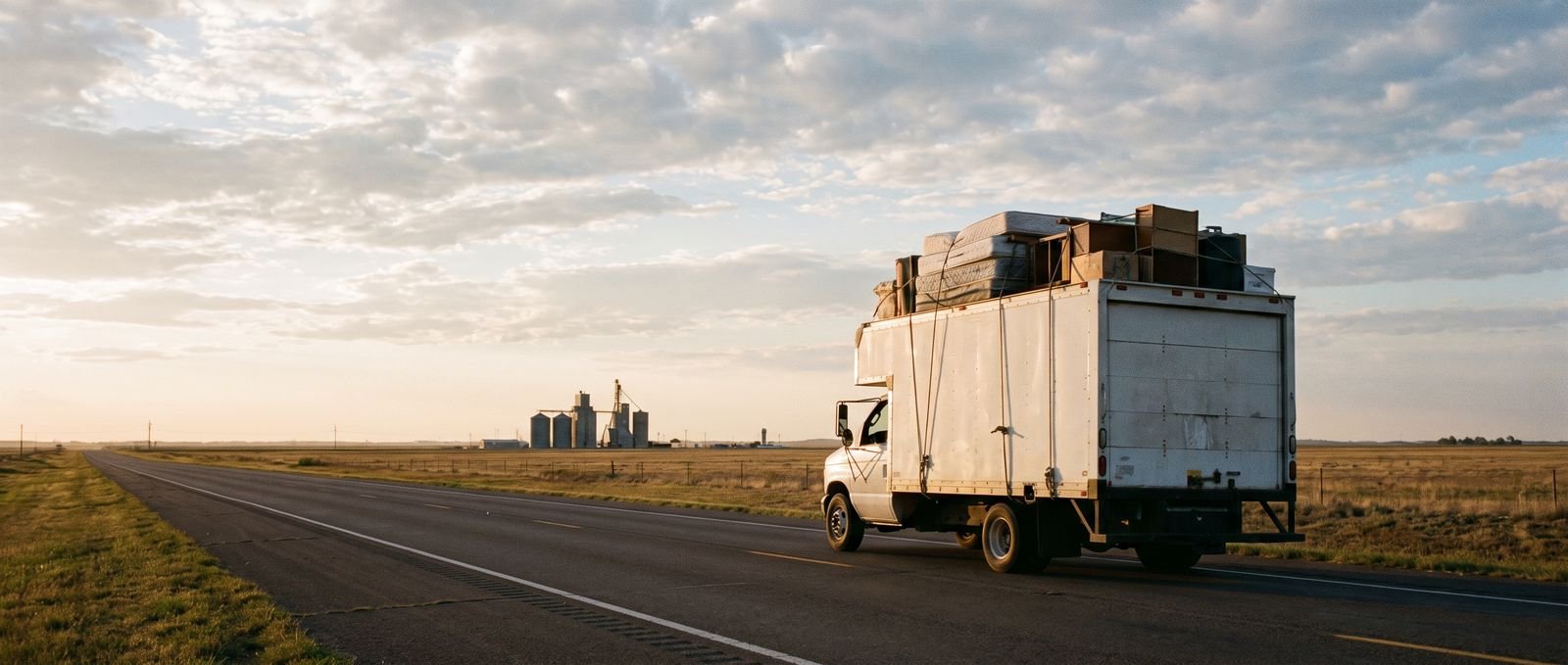 A loaded box truck crossing the flat Texas Panhandle