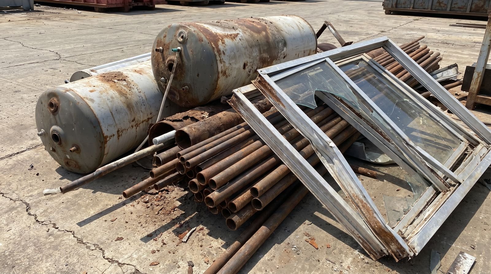 Sorted scrap metal, water heaters and steel pipe stacked on a concrete yard