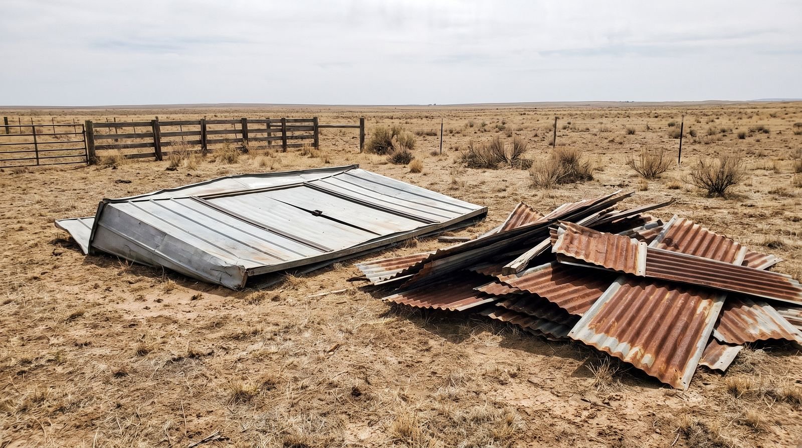 A collapsed metal shed and stacked rusted panels in a Panhandle back yard