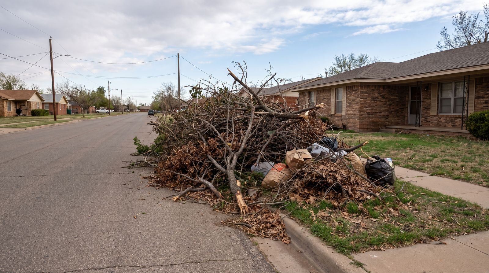 Storm damaged tree limbs piled at the curb after a Panhandle windstorm